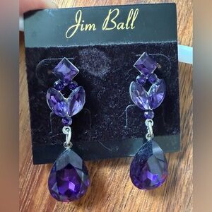 NWT Purple Crystal Jim Ball Pierced Earrings Dangling Pageant Prom Dance